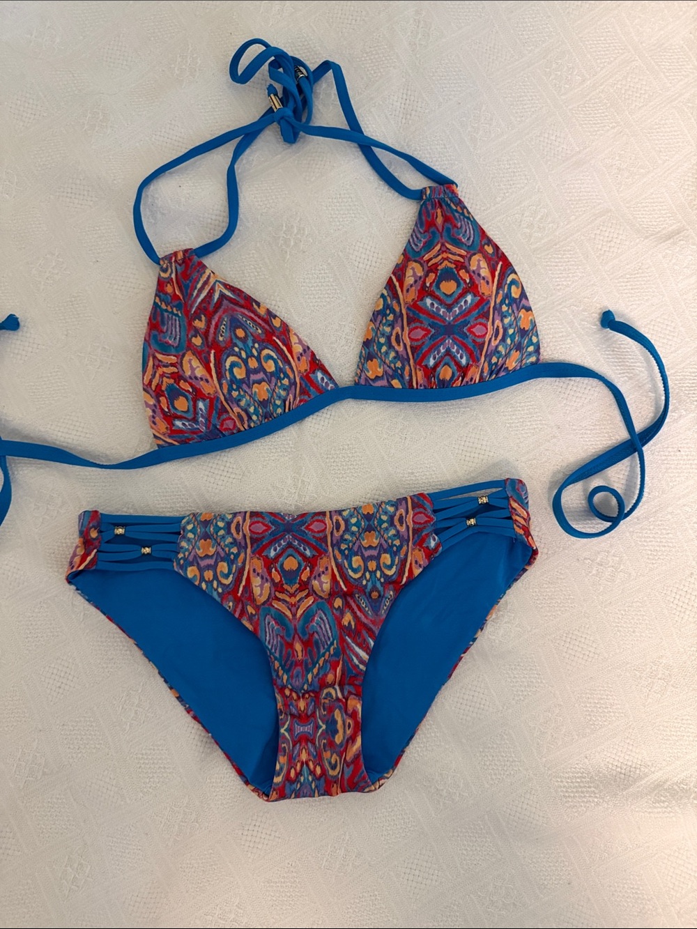 VODA XS Push Up Blue Multicolor Triangle Bikini Top and Reversible Bottom